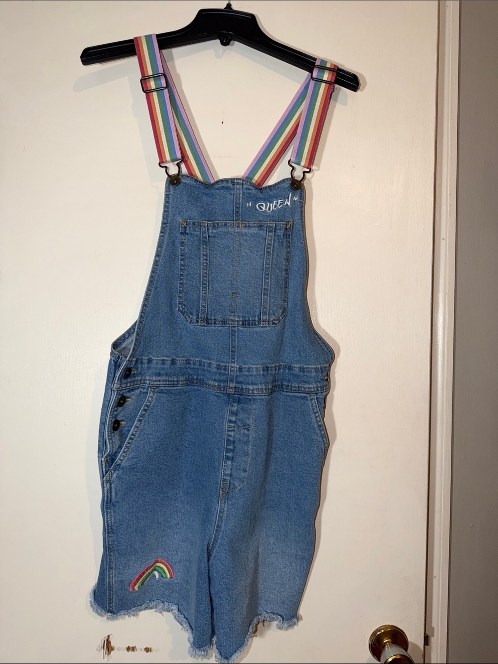 Target Light Blue Denim Short Overalls with Rainbow Straps